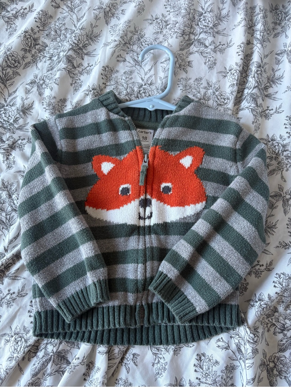 Carter's Green & Gray Striped Zip-Up Sweater with Orange Fox